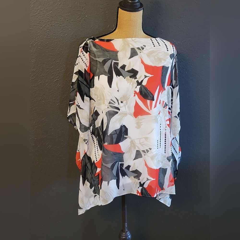 Calvin Klein Large Boat Neck Blouse With Flutter Sleeves Red/Black Floral